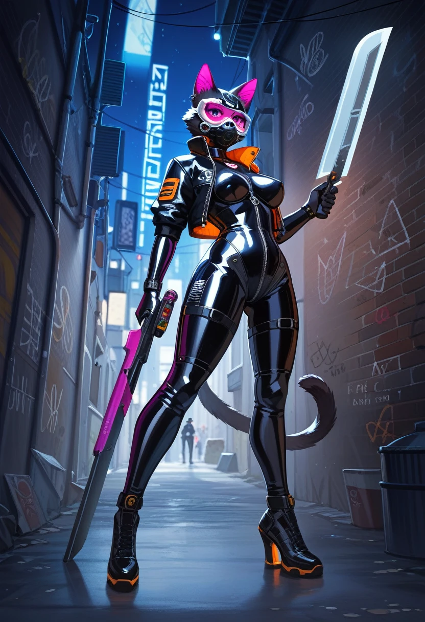 animation, Highest quality, Highest quality, High quality illustrations, masterpiece, Ultra-high resolution, Detailed Background, Alley, night, Graffiti art on the wall, Absurd, Perfect Anatomy, performance, Good lighting, Shadows in the movies(kemono, Furry PersonifiCation), Cat, woman, Black Skin, Rubber suit, latex, neon, neonライト, neonカラー, Bodysuits, Cyber Suit, Mech Suit, Rubber Half Jacket, cyber punk, Blade Runner, Holding a blade, Rubber Mask