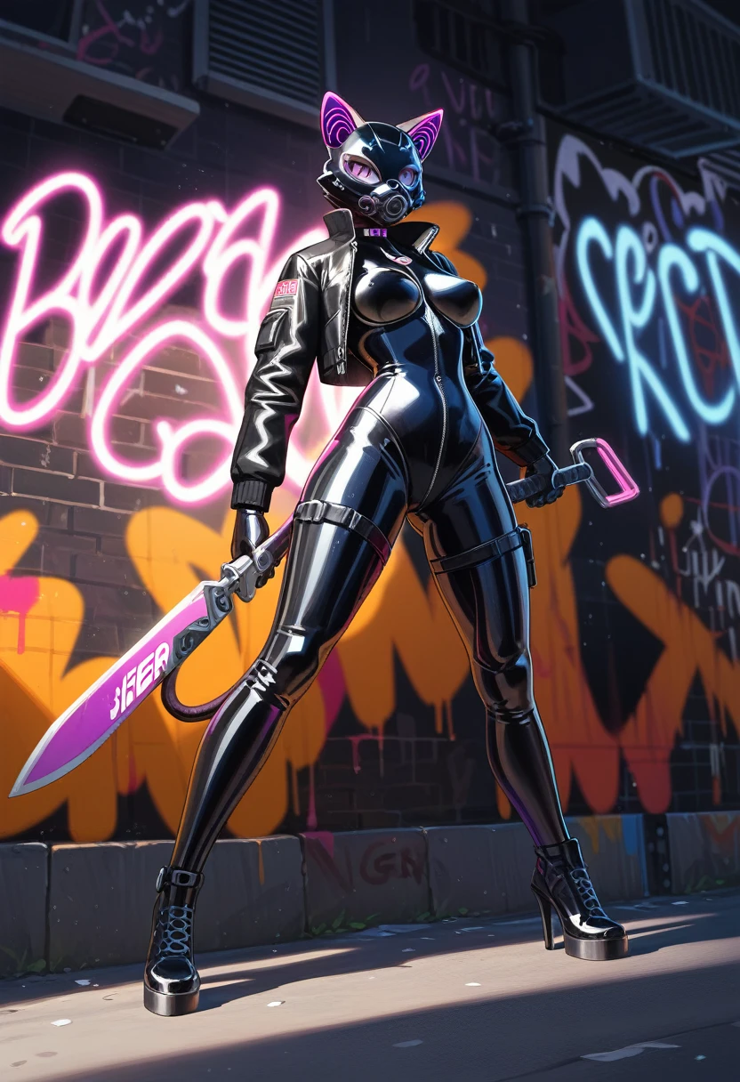 animation, Highest quality, Highest quality, High quality illustrations, masterpiece, Ultra-high resolution, Detailed Background, Alley, night, Graffiti art on the wall, Absurd, Perfect Anatomy, performance, Good lighting, Shadows in the movies(kemono, Furry PersonifiCation), Cat, woman, Black Skin, Rubber suit, latex, neon, neonライト, neonカラー, Bodysuits, Cyber Suit, Mech Suit, Rubber Half Jacket, cyber punk, Blade Runner, Holding a blade, Rubber Mask