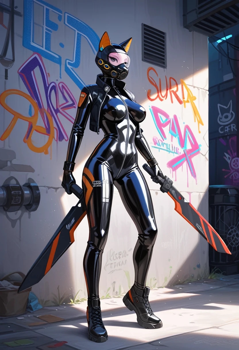 animation, Highest quality, Highest quality, High quality illustrations, masterpiece, Ultra-high resolution, Detailed Background, Alley, night, Graffiti art on the wall, Absurd, Perfect Anatomy, performance, Good lighting, Shadows in the movies(kemono, Furry PersonifiCation), Cat, woman, Black Skin, Rubber suit, latex, neon, neonライト, neonカラー, Bodysuits, Cyber Suit, Mech Suit, Rubber Half Jacket, cyber punk, Blade Runner, Holding a blade, Rubber Mask