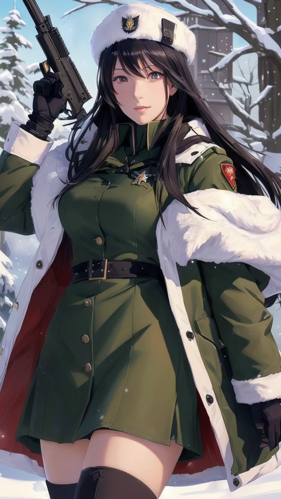 a woman in a uniform holding a rifle in the snow, detailed anime character art, official art, cushart krenz, rin tohsaka, nico robin, marin kitagawa fanart, misato katsuragi, full colored, fujita goro!, cushart kenz, military girl, from girls frontline, a-1 pictures, female  character