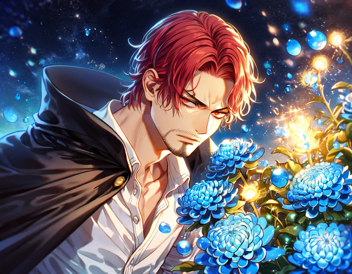 absurdres, highres, ultra detailed, HDR, master piece, best quality, extremely detailed, Shanks, red hair, expressive red eyes, faint beard, One Piece, solo, sexy man, handsome, black cape, white shirt, fantasy, water, sparkling, blue glittering fireflies, blue moon, blue blossoms, blue chrysanthemums, blue sparkling lights, starry sky, magical