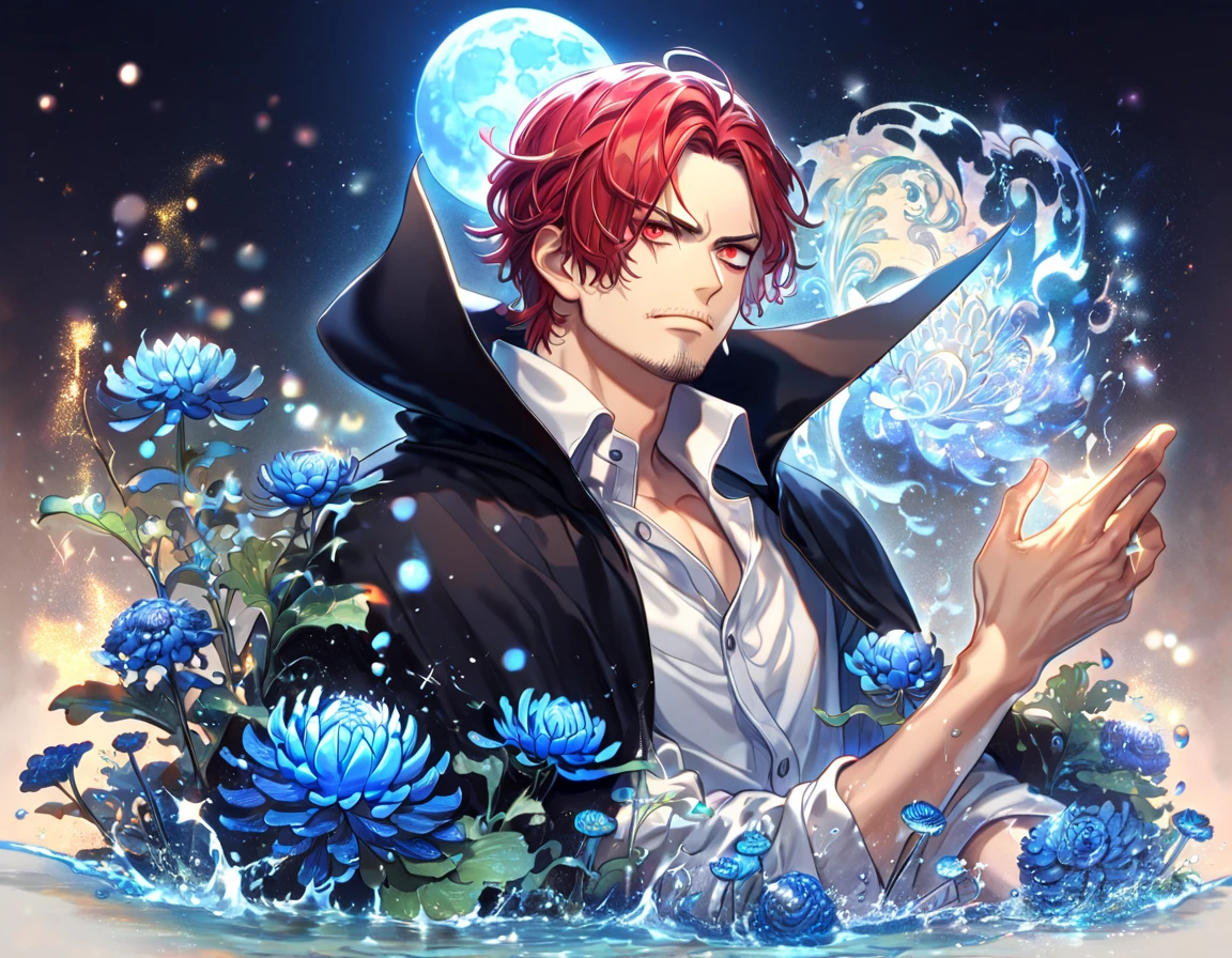 absurdres, highres, ultra detailed, HDR, master piece, best quality, extremely detailed, Shanks, red hair, expressive red eyes, faint beard, One Piece, solo, sexy man, handsome, black cape, white shirt, fantasy, water, sparkling, blue glittering fireflies, blue moon, blue blossoms, blue chrysanthemums, blue sparkling lights, starry sky, magical