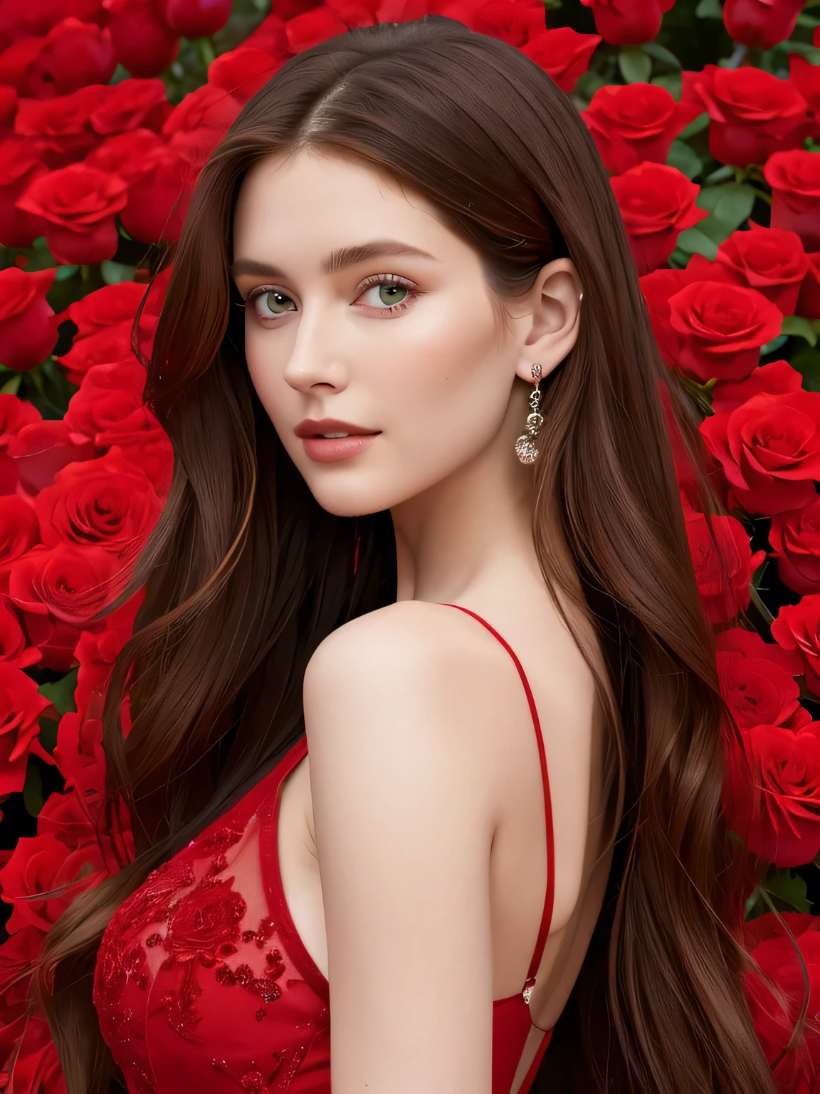 Close up portrait of very long-haired woman in transparent red dress, Portrait of Sophie Mudd, Attractive girl, Very beautiful face, Brown Hair Girl, Anna Nikonova, Also known as New Milky, Beautiful Model girl, Gorgeous and attractive face, Beautiful, round face, Beautiful Model, nodded, Attractive beautiful face, Gorgeous Woman, portrait of a Beautiful Model, Gorgeous young model, background of many red rose wall, Random body orientation,