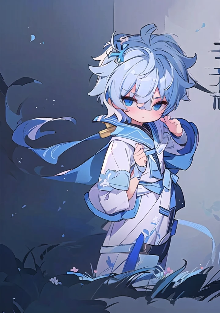 1boy, blue and white dress, anime style, heroic 2d fanart, 2d anime, 2d art cover, 2d game fanart, epic anime style, unknown artistic style, evocative anime art, 2d style, game art!!, 2d art, 2d art, anime style
