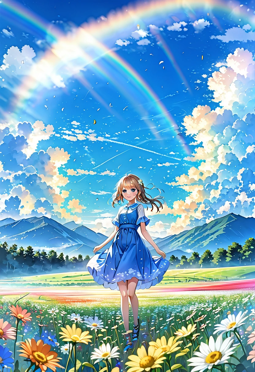 Anime girl in a blue dress standing in a field with a rainbow in the sky, smile、Big vibrant rainbow、A field of white daisy flowers、4K Manga Wallpapers, Anime Style 4k, Anime Art Wallpapers 8K, anime art wallpaper 4k, anime art wallpaper 4k, Beautiful Anime art style, Beautiful Anime artwork, Cute girl anime visuals, Beautiful Anime girl, Beautiful Anime art, Beautiful Anime, Anime-style illustrations