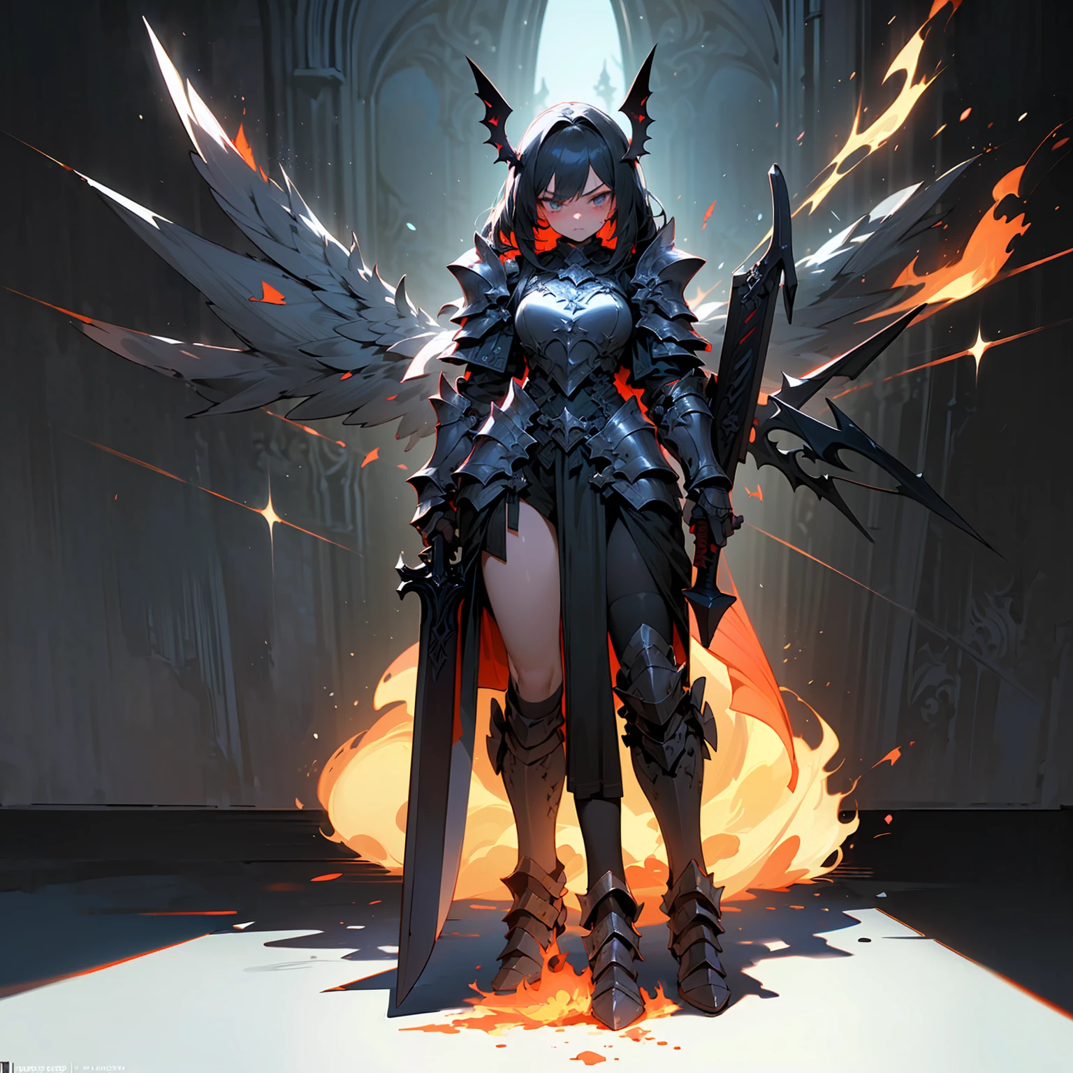 (((masterpiece, best quality, high detailed, 8k))) Design a layout showcase Gaming character, (1girl). Black+Crimson dark armor, stylish and unique. ((weapon:1.4)), cursed sword. (masterpiece:1.2), (best quality), 4k, ultra-detailed. (luminous lighting, atmospheric lighting). dark warrior, ((six wings of shadow and fire)), ((glove full hands)), (((revealing clothes:1.3))), vambraces, armored legwear, (((full_body_shot:1.4))). {In an infernal realm}. (((extremely imposing presence, black flames, super strong, incredibly beautiful with dark armor))).