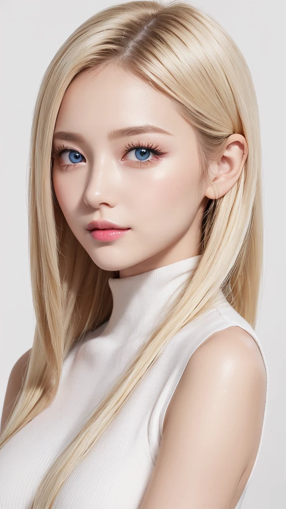 (((White background、rim light、lighting forward、High neck sleeveless、forehead、White Blonde、Blonde、White Background、whole body、Up to the waist)))、Northern Europe、Russia、beautiful girl、Platinum Blonde Hair、Straight Long Hair、Big Blue Eyes、Northern Europeの若者、Glowing Skin、Young and beautiful skin、A perfect and beautiful little face、Bright makeup、Pale pink lips、Bright expression、lipstick、Intricate details、High resolution、 Detailed features of face design、Big Breasts、face-friendly lighting