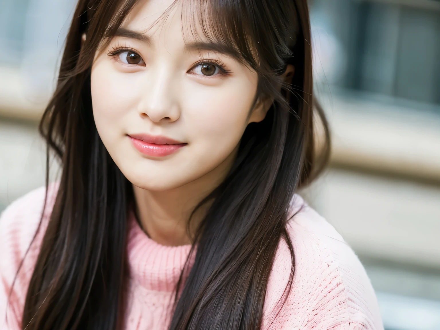 a close up of a woman with long hair wearing a pink sweater, sun yunjoo, lee ji-eun, popular south korean makeup, lee ji - eun, jaeyeon nam, wan adorable korean face, park ji-min, she has black hair with bangs, kim doyoung, beautiful south korean woman, popular korean makeup, cute korean actress