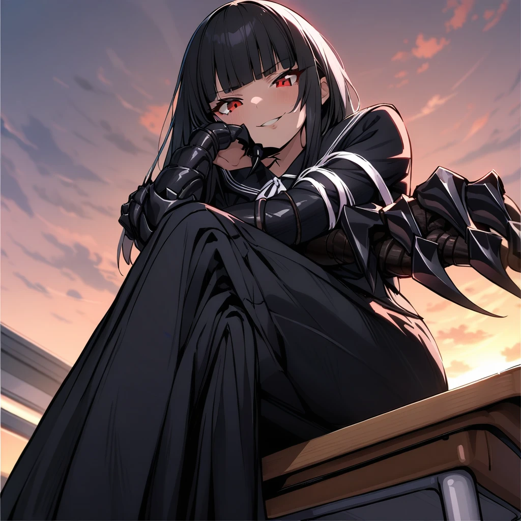 (masterpiece,best quality,very aesthetic),(ultra-detailed),(atlach-nacha,degenerate),1girl,20yo,Statuesque,curvy,tall,long hair, black hair,straight hair,(blunt bangs),beautiful red eyes,smirk,(Ruthless smile),look down on with disdain,black serafuku in winter,long sleeves,(long skirt),white ribbon tie,dusk sky,leather shoes,classroom,(black Claws with arms fused like spider arm:1.3),hand on cheek,crossed legs,sitting on desk,solo,looking at viewer,cowboy shot,from below