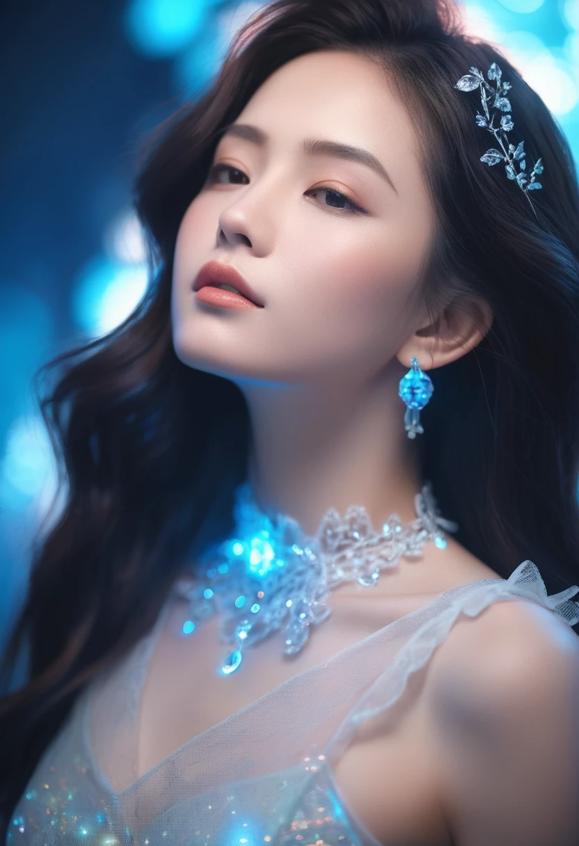 ((jewel_light element)), (Translucent luminous body_Wearing a light frilly blouse:1.3), (girl made of light: 1.2, Long wavy hairstyle with delicate features and light:1.3), (minimalism: 0.5), (Upper body close-up angle: 1.3), 4K, HDR, acid graphics, fantasy work, [Detailed and vivid faces: 0.33], (Translucent glowing body and hair made of light particles: 1.3), Silhouette outline and glowing beautiful woman, Understated elegance is revealed.. A calm and dignified atmosphere provides a subtle sense of luxury... gray smooth texture, stylish pose, bioluminescent tattoo, glowing pattern.
