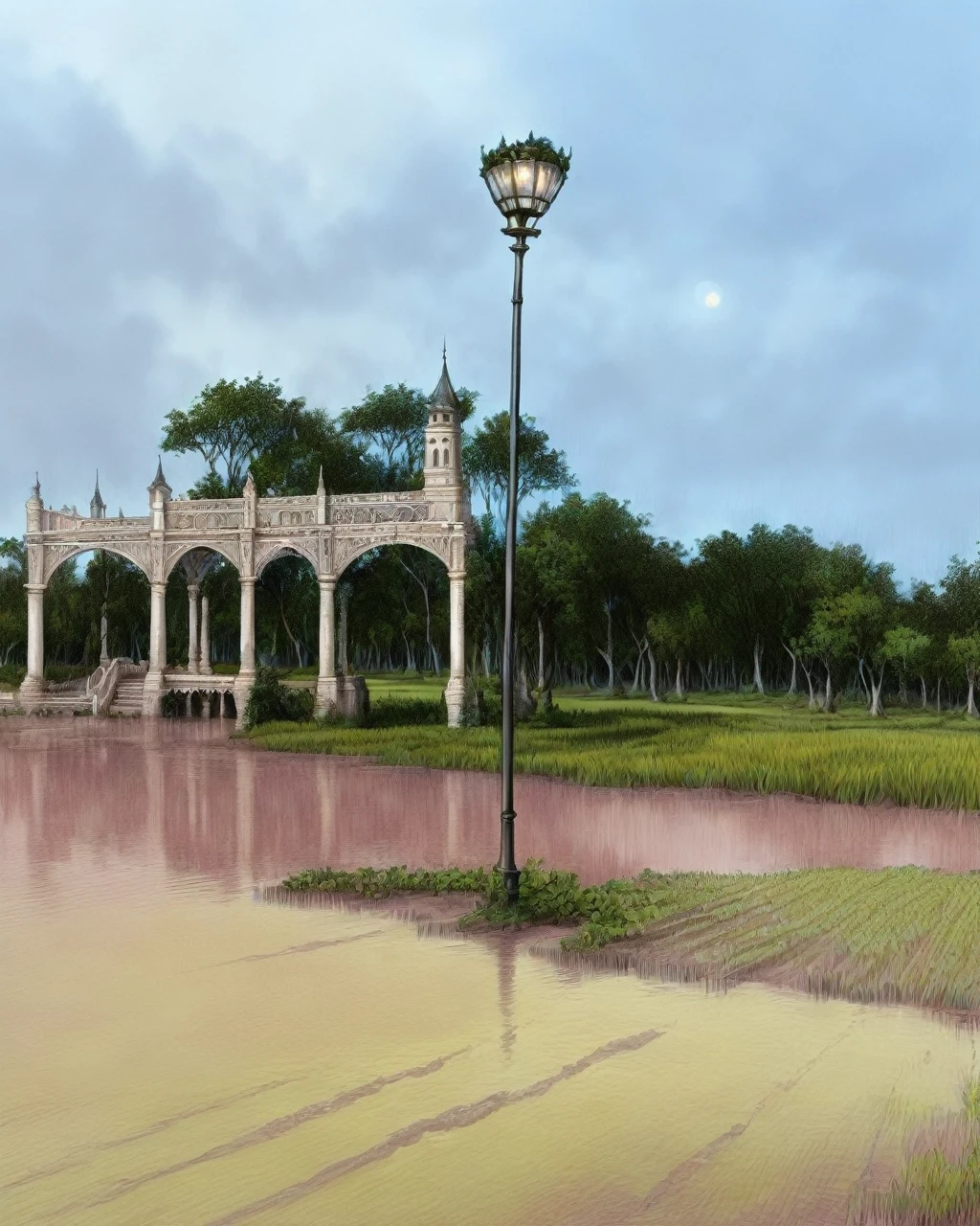 fantasy, Floodplain, ink drawing, Masterpiece realistic, best high quality, perfect details, intricate details, nice lighting, detailed background,
