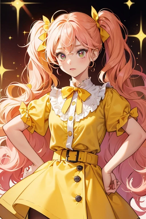 Pizza is a tan-skinned girl with black button eyes and pink cheeks. She has curly blonde hair that is in two low pigtails, looking like pasta. She wears a big yellow hair bow. Her top is red with two buttons and yellow sleeves. She has a pepperoni belt. She has a yellow and green skirt, looking like pie. . SPARKLE; GLITTER