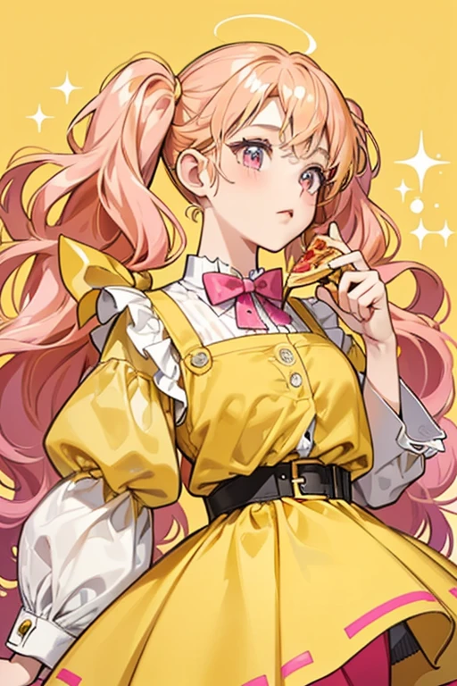 Pizza is a tan-skinned girl with black button eyes and pink cheeks. She has curly blonde hair that is in two low pigtails, looking like pasta. She wears a big yellow hair bow. Her top is red with two buttons and yellow sleeves. She has a pepperoni belt. She has a yellow and green skirt, looking like pie. . SPARKLE; GLITTER