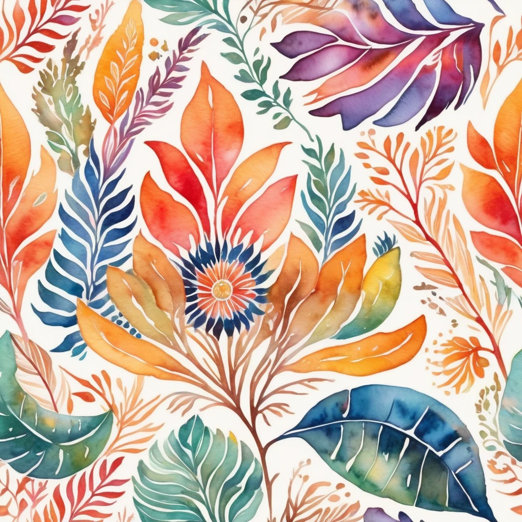 watercolor illustration, indigenous art, indigenous literature, tribal patterns, nature elements, vibrant colors, ethereal atmosphere, detailed textures, soft lighting, impressionistic style, detailed brushstrokes, dreamlike quality, natural organic shapes, intricate ornamental designs, bold color palette, mystical symbolism, handcrafted aesthetic, cultural heritage, storytelling elements, earthy tones, spiritual energy, mystical and symbolic