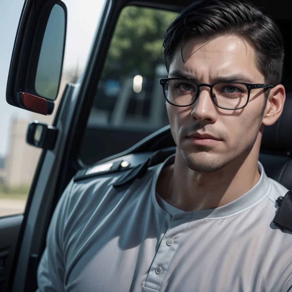 Policeman with black glasses and a scar on his eye