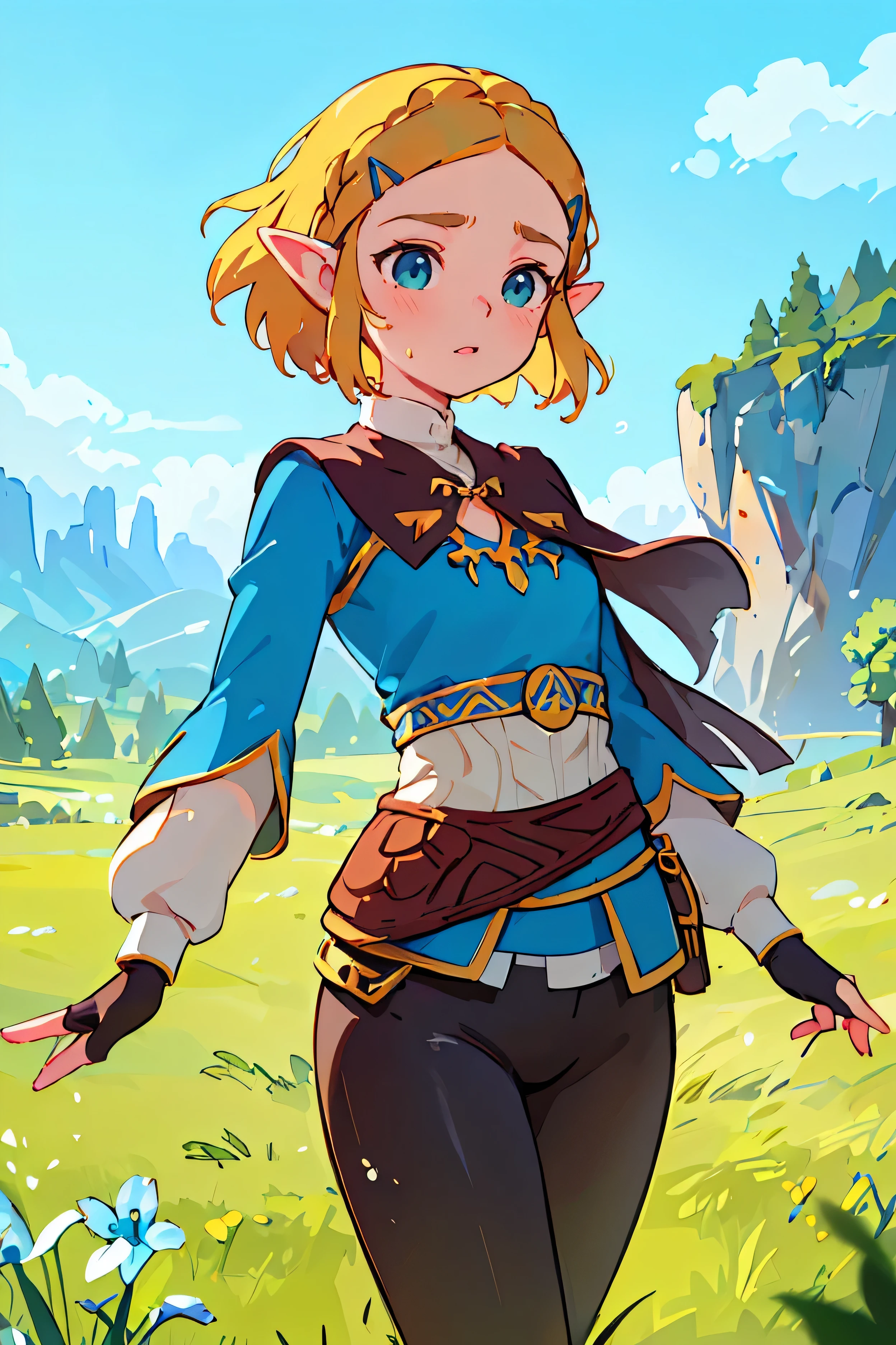 ((masterpiece, Highest quality, High resolution)), ((Highly detailed CG integrated 8K wallpaper)), One girl, Princess Zelda, short hair, Crown Blade, Hair Clip, Pointed Ears, Brown cape, Blue Shirt, Puff sleeves, Long sleeve, Fingerless gloves, Black gloves, Black trousers, Tight pants, Azelda, Long Hair, Crown Blade, Hair Clip, Pointed Ears, Blue Shirt, Long sleeve, Fingerless gloves, Black gloves, Black trousers, Tight pants sweating, Outdoor, Grass, 牧Grass地, cliff, Stony,