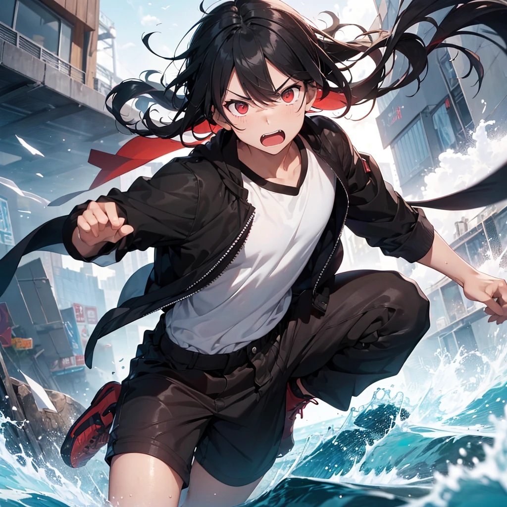 21-year-old young man with an angry appearance, red eyes, black, wavy short hair, white skin, weather-worn clothes, 1.73 tall.