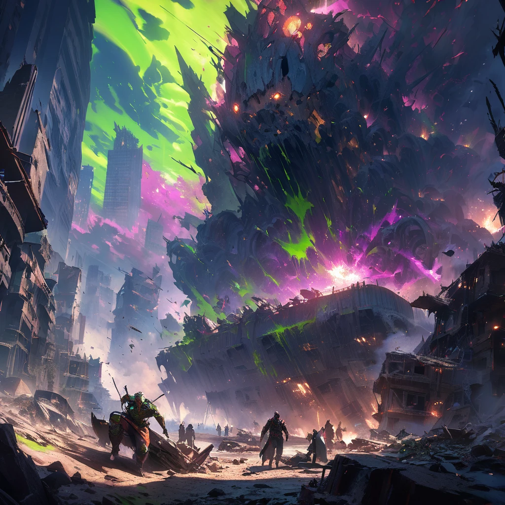 A futuristic human city lies in ruins, Omni Man in torn and ragged uniform, smeared with green blood, angry look on his face, other superheroes battling against monstrous creatures, buildings crumbling and smoke rising in the background, vibrant colors and high contrast, dramatic lighting, surreal and post-apocalyptic atmosphere, dynamic brushstrokes creating a sense of movement and chaos, intricate details capturing the destroyed architecture and alien technology, epic scale with massive structures towering over the scene, cityscape stretching into the horizon, intense emotions and tension depicted through facial expressions and body language, cinematic composition invoking a sense of awe and despair, otherworldly creatures lurking in the shadows, energy bolts and explosions filling the sky, dark and ominous color palette adding to the sense of danger, remnants of civilization hinting at a rich history and advanced society, a sense of both beauty and destruction, evoking a mix of wonder and fear. (best quality, 4k, 8k, highres, masterpiece:1.2), ultra-detailed, (realistic, photorealistic, photo-realistic:1.37), HDR, UHD, studio lighting, ultra-fine painting, sharp focus, physically-based rendering, extreme detail description, professional, vivid colors, bokeh, portraits, concept artists.