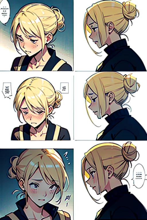 Girl with cream-colored hair in a bun crying hysterically, manga page with panels and dialogue