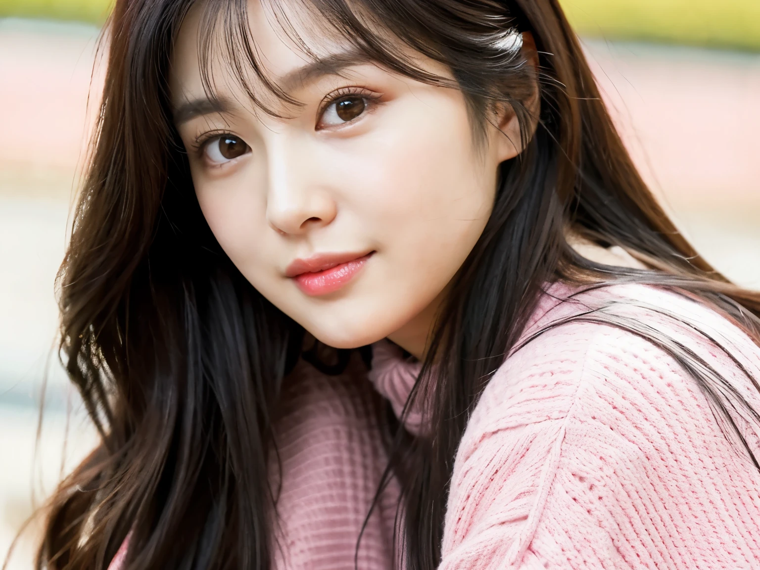 a close up of a woman with long hair wearing a pink sweater, sun yunjoo, lee ji-eun, popular south korean makeup, lee ji - eun, jaeyeon nam, wan adorable korean face, park ji-min, she has black hair with bangs, kim doyoung, beautiful south korean woman, popular korean makeup, cute korean actress