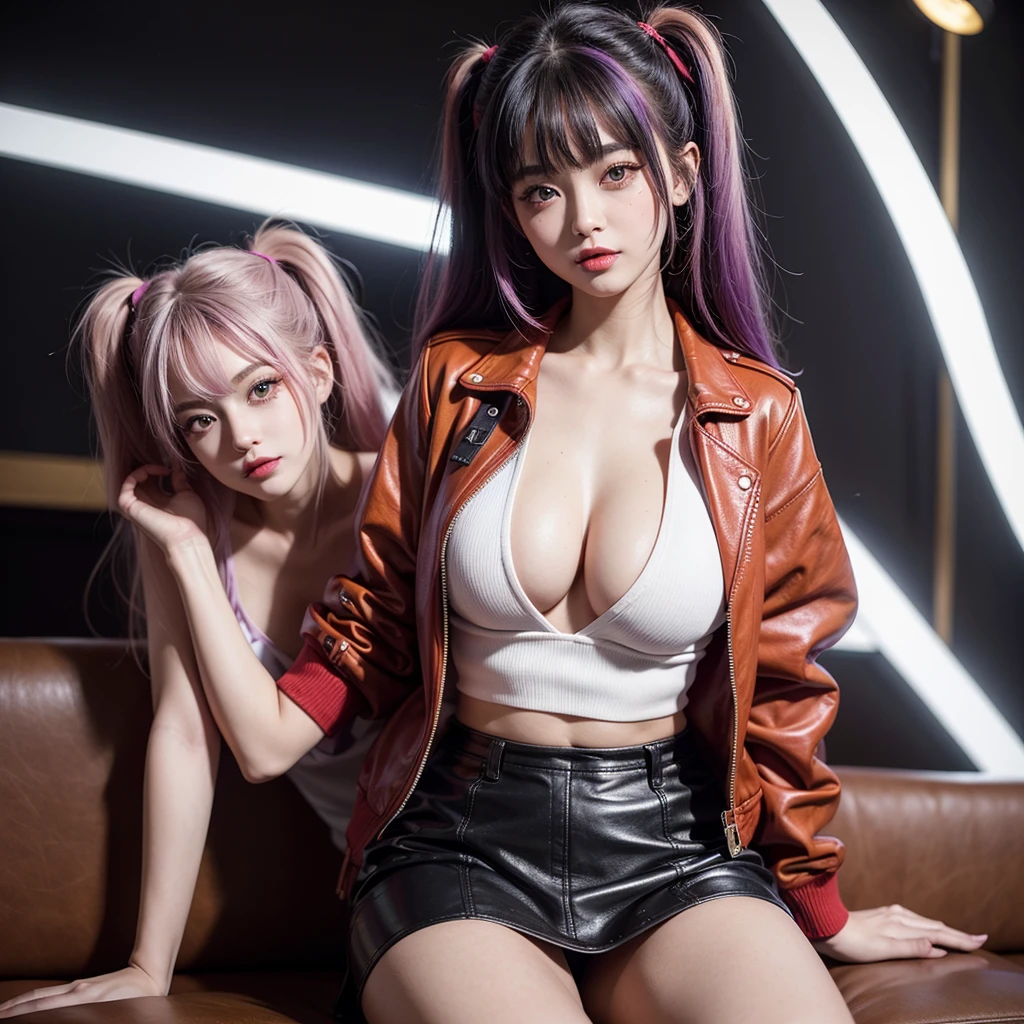 best quality,In 4K,beautiful girl,gravure idol,model,red,purple,Green clothing,evolution,Flashy Fashion,smile,highest quality,big breasts,hyper real stick、She has her bangs down,beautiful girl,Maid clotheasterpiece,perfect face,perfect breasts,long hair,Outstanding style,stimulating,Cute outfits,Horny girl,double eyelid,Naughty Girls,Erotic and cute,mini skirt,ribbon on uniform,colorful hair color,yellow eyes,leather jacket,horny girl,Knee-high boots,
Colorful,Multicolor,future fashion