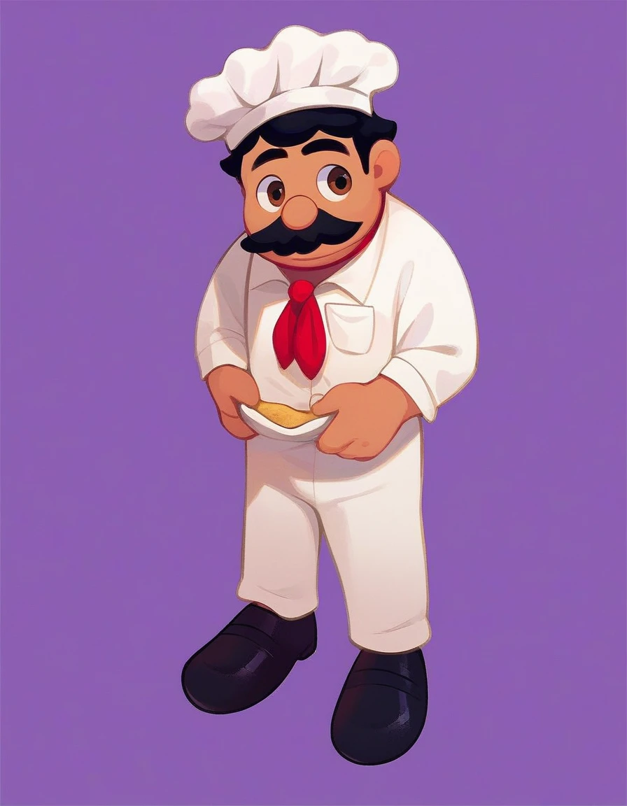 chef_pee_pee, solo, simple background, black hair, 1boy, hat, brown eyes, full body, male focus, purple background, black mustache, chef hat, chef, chef shirt with "chef pee pee" on it, normal white chef hat, red neckerchief, white pants, black shoes,