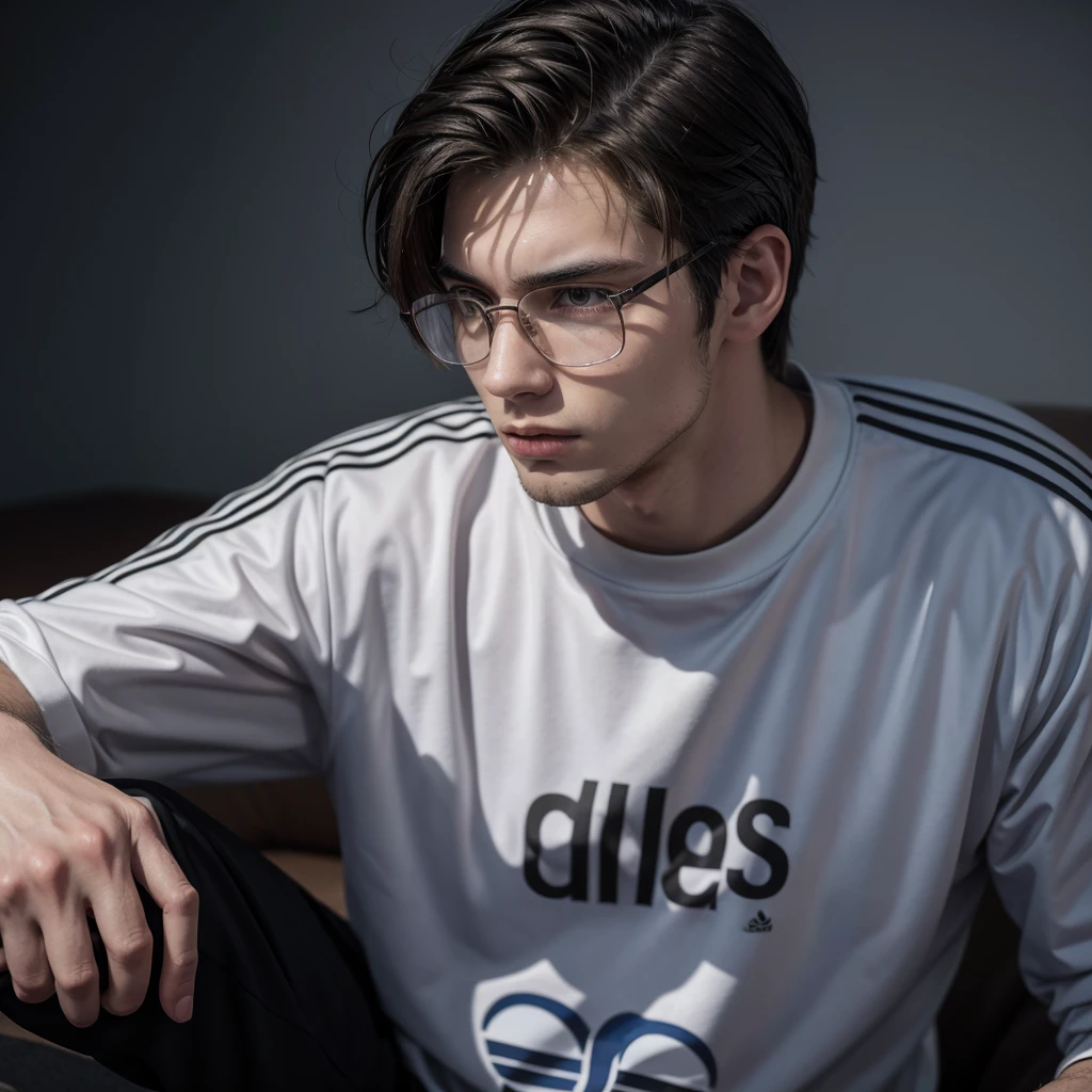 The guy is handsome, a nerd, wears Adidas brand clothing. Your hair is styled to the left.