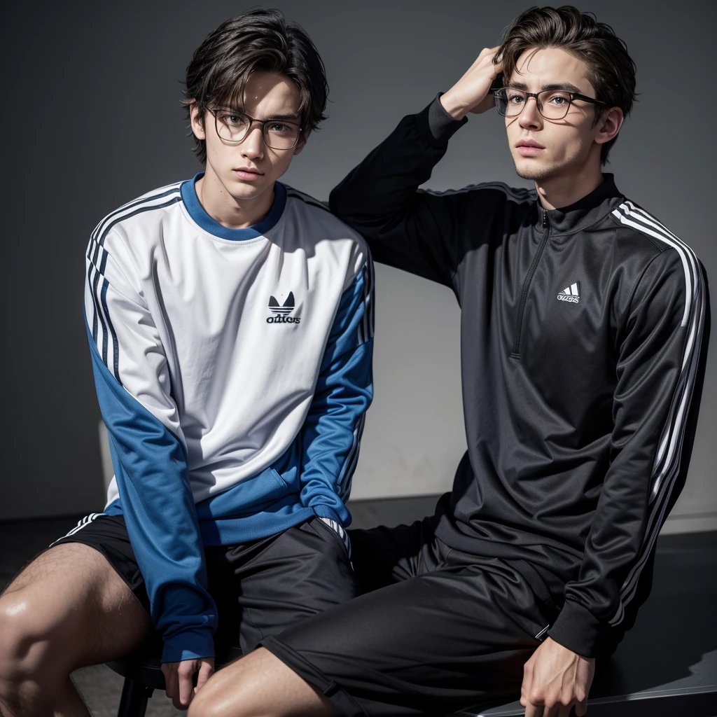 The guy is handsome, a nerd, wears Adidas brand clothing. Your hair is styled to the left.