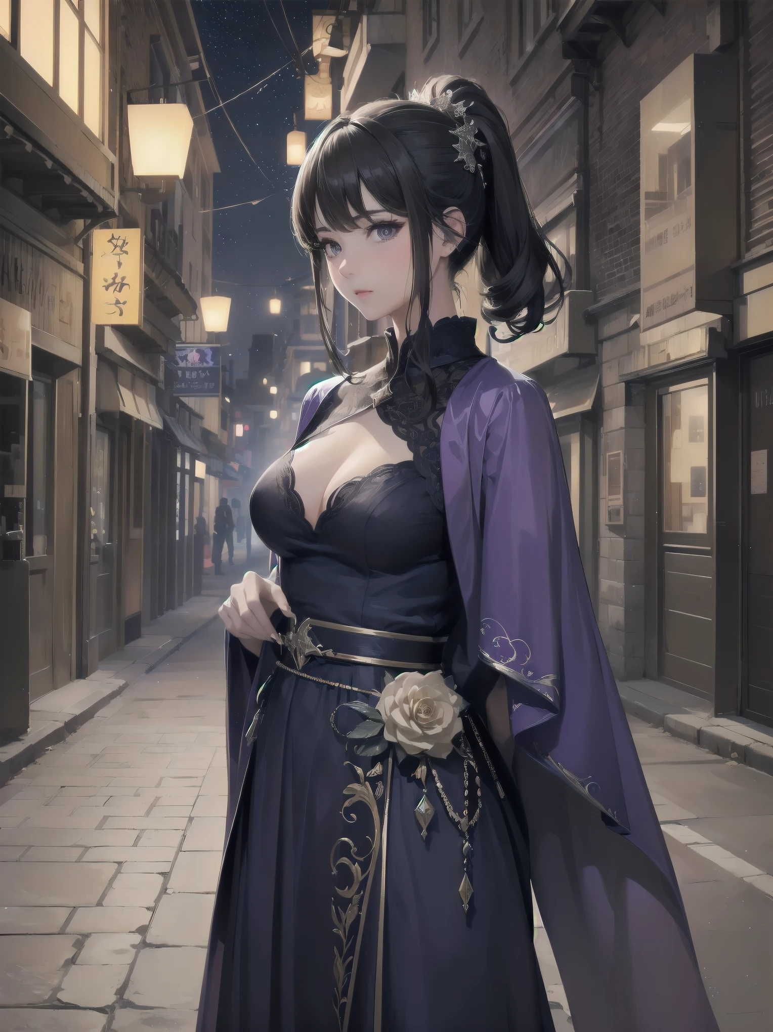 masterpiece, 8k, Highest quality, Very detailed, Purple & A beautiful girl in a blue magical robe with a moon motif、Close-up on the characters、(building, city、A dense fog of fluorescent particles、１８００Era、Western style、Fiction、grow、Overwhelming、Detailed street）、A pretty woman with a beautiful background and a lovely pose