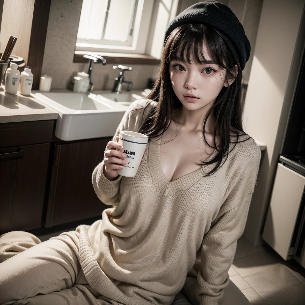 ((best qualityer)), ((work of art)), (detailded),cute japanese,((1girl)),alone,18 years old, ((porcelain cut white skin)),((black eyes)),(black long wavy hair,with bangs),((flushed skin)),,(Alone), (a detailed full-body RAW photo of a girl), (Artwork: 1), (best quality: 1.4), (Ultra high resolution: 1.2), (photorealistic: 1.4), 8k resolution, Canon EOS R5, 50mm, Absurd, ultra detailed, sharp focus, cinematic lighting, Detailed Beautiful Face,wearing a beige sweater, sweatpants,red cap,sitting in the kitchen drinking hot chocolate