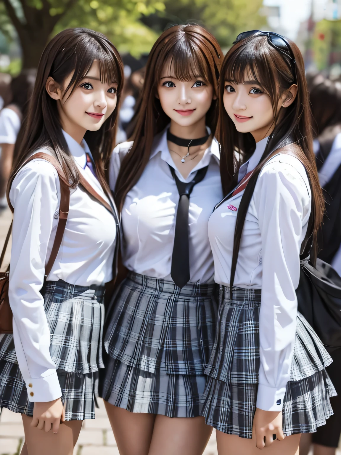 Highest quality, masterpiece, Idol Group、((Layered Haircut)),（8k，Highest quality），Full Body Shot，Shot from medium distances，School Classroom，student，class，class，White open-collar shirt、Wear a JK skirt，Full body photo、 adorable， smile， length, Brown Hair， 32k, Best image quality，Ultra-high resolution，Perfect hands，Black choker、blue eyes、bangs、Very profuse and very long eyelashes、uniform, University campus、Summer clothes、((Big Breasts))