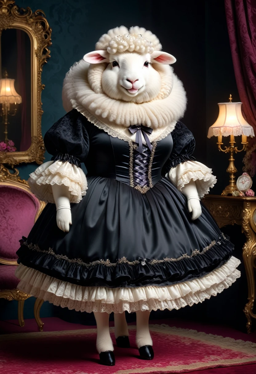  photorealistic portrait of Dressed animals-a ((fat)) ((angora sheep)) princess,(furry), (elegant pose:1.5), (hands on hips:1.5),(smile:1.5),high quality,(),(lovely) ,intricate details, Wearing Gothic & Lolita dress , ( brim), highly detailed ((dress with  frills and ribbon)) ,highly detailed accessories, high sox , (happy), soft lighting,(full body image:2.0),in  Rococo style room background,,score_9, score_8_up, score_7_up, score_6_up, score_5_up, score_4_up,