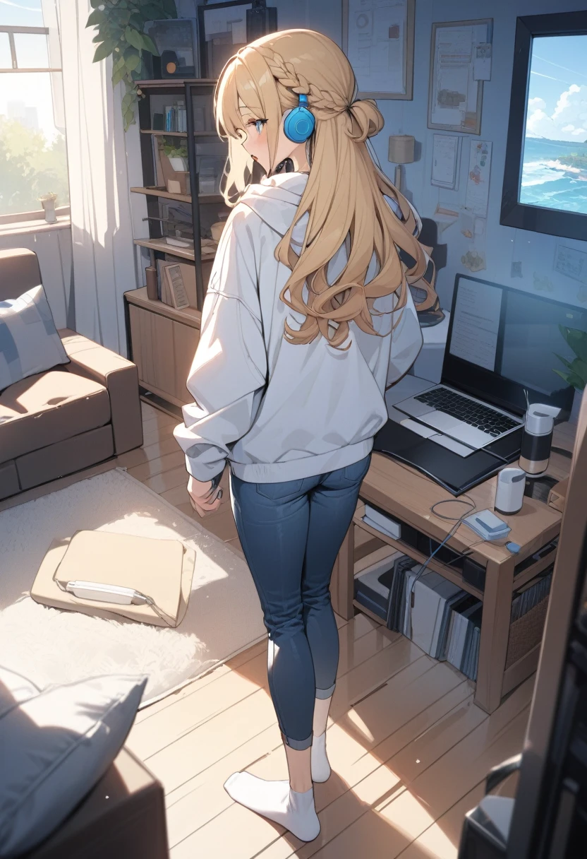masterpiece, best quality, extremely detailed, ultra detailed, flat anime, 2D,
1girl, (young adult:1.2),blonde hair, (semi-long hair:1.2), curly hair, french braid, medium breasts, tsurime, height 1.7meters,
white hooded sweatshirt, jeans, earring,bracelet, long sleeves, ((Bluetooth small earphone)),socks,
Back view of a laptop computer,Operating a laptop computer,
from behind, full body, ((looking back from right side)), open mouth, looking at another,
summer, livingroom, 12AM., standing