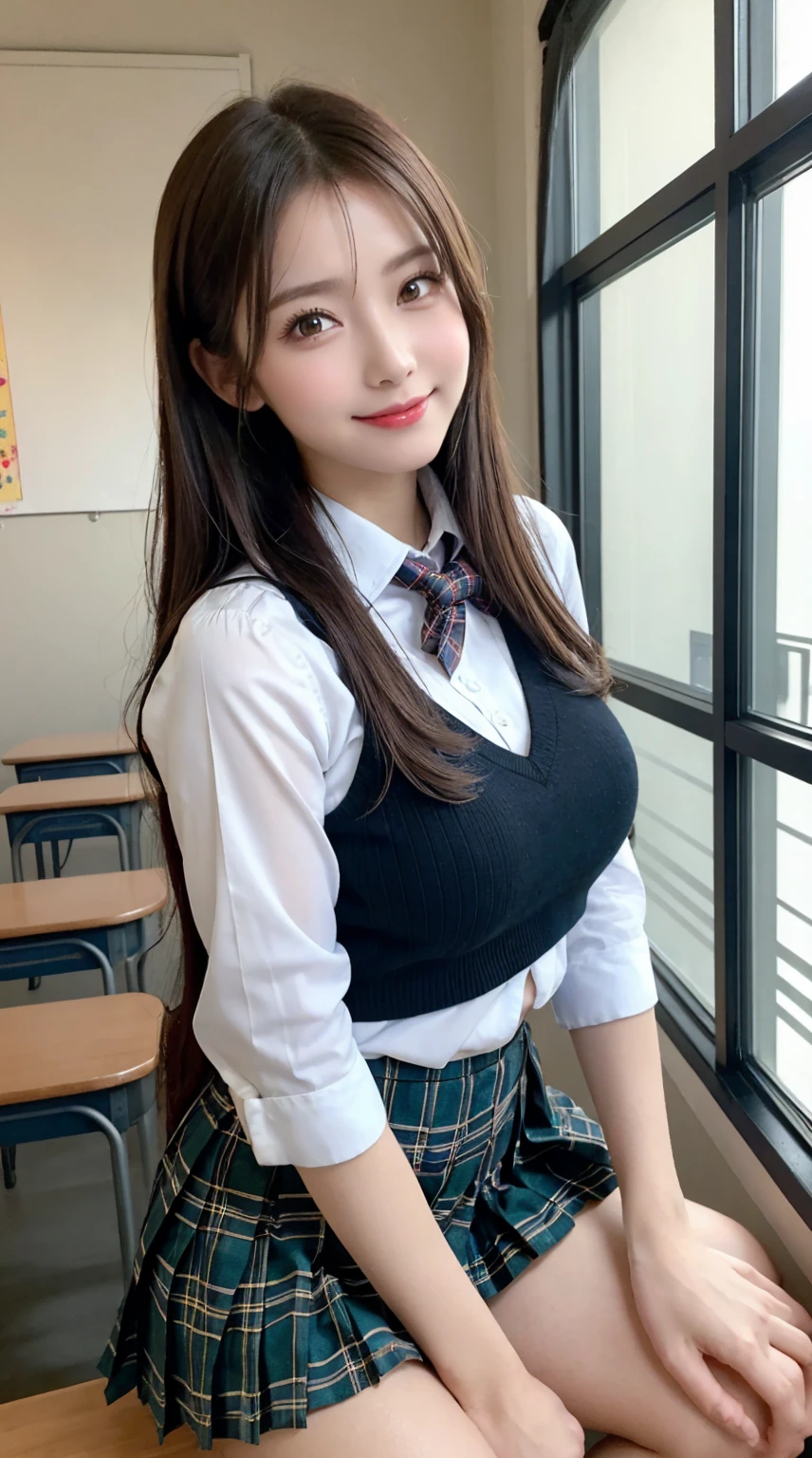 ​highest quality、8k、best image quality、Award-winning work), two beautiful women、1 lady, radiant beautiful skin , masterpiece、top-quality、The ultra -The high-definition、depth of fields、lens flare ,、brown hair, large breasts, watching at viewers glares, large breasts ,perfect legs, model pose, view from below, smiling , cleavage, sitting
(School uniform,  , micro mini Pleated tartan skirt:1.3)