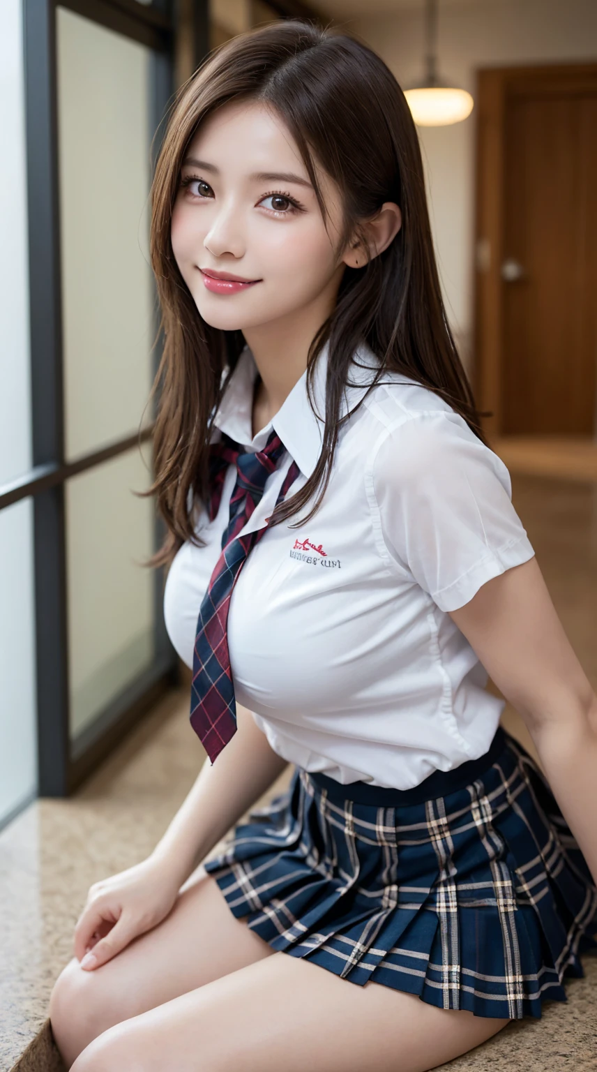 highest quality、8k、best image quality、Award-winning work), two beautiful women、1 lady, radiant beautiful skin , masterpiece、top-quality、The ultra -The high-definition、depth of fields、lens flare ,、brown hair, large breasts, watching at viewers glares, large breasts ,perfect legs, model pose, view from below, smiling , cleavage, sitting
(School uniform, , micro mini Pleated tartan skirt:1.3)
