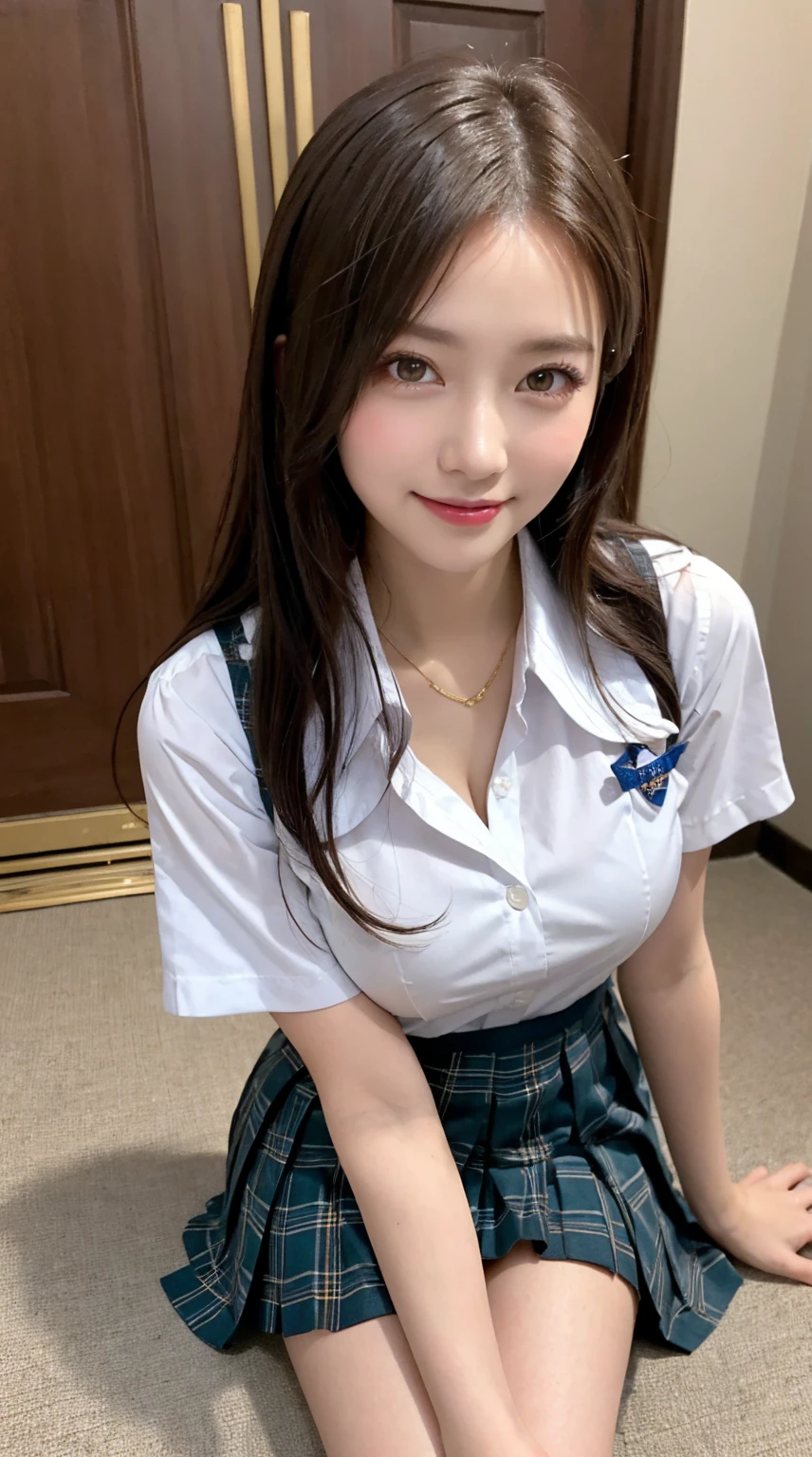 top-quality、Top image quality、masterpiece、fully body photo、18yo woman、dark brown middle hair、bangss、((Schoolgirl Uniform)、White short-sleeved blouse)、 ((no-bra、Puffy nipple)、soft boob、Big breasts、Kamimei、 Shy laughter、dress room、Changing clothes、Rub your chest with both hands