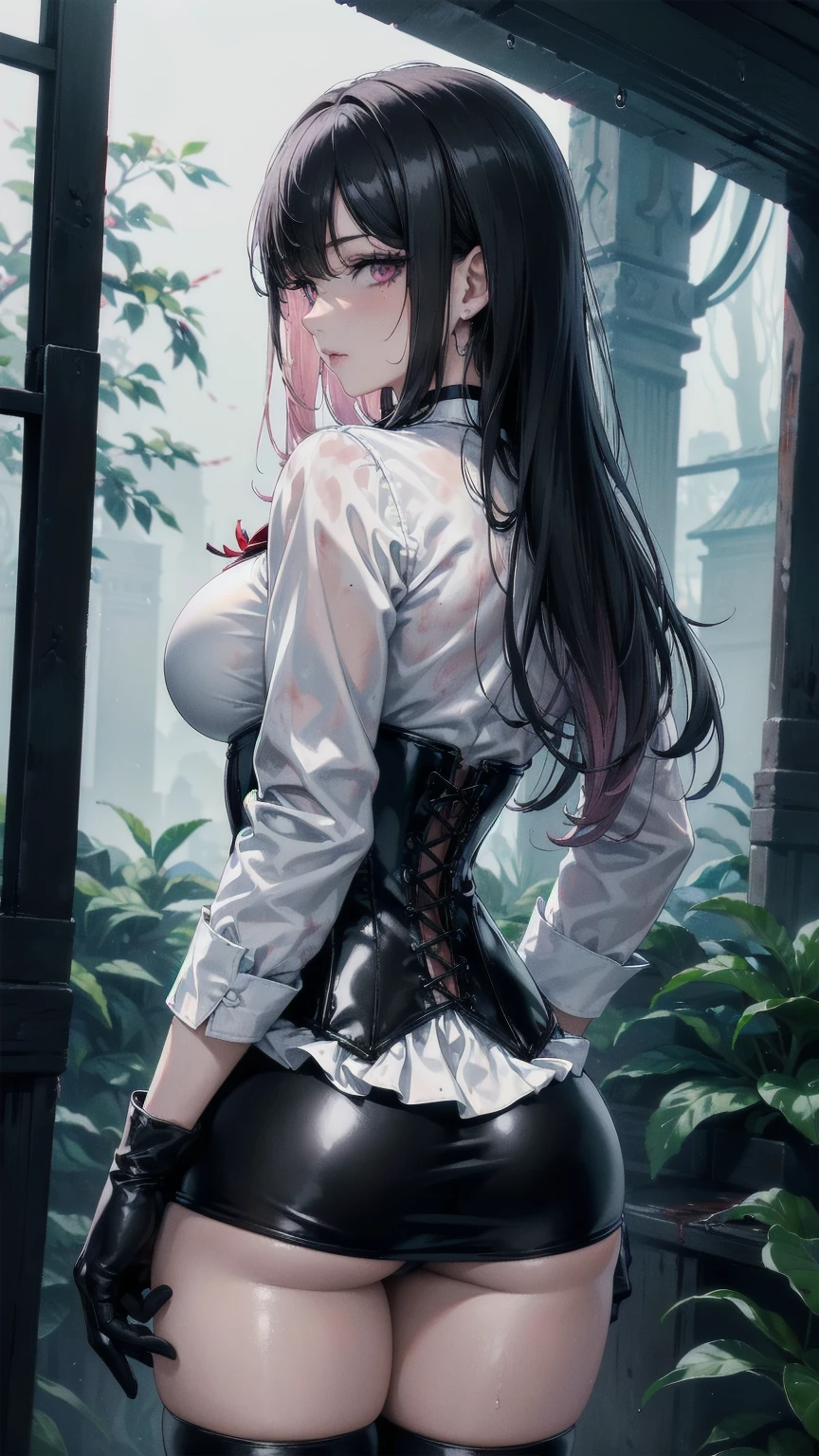 ((blood droplets)), ((blood)), ((blood splatter)), ((blood on clothes)) ((blood stain)), Masterpiece, Superior image quality, high resolution, 4k image,photo and gross, photorealistic, whole body, distant view, 1 young man of , view from behind, {{{vagina}}}, big breasts, beautiful face, long black hair, black eyes, very detailed eyes, pink cheeks, shy expression, choker:1.6, (white collar button down long sleeve shirt), black gloves, gloves that cover hands, (black leather corset), (shiny black miniskirt), Sensual Lips, show details in the eyes, view from behind, perfect ass, looking at the viewer, dark forest path, evening, Atmosphere, fog