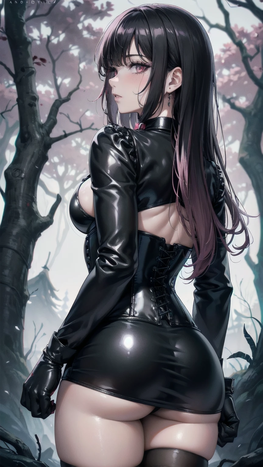 ((blood droplets)), ((blood)), ((blood splatter)), ((blood on clothes)) ((blood stain)), Masterpiece, Superior image quality, high resolution, 4k image,photo and gross, photorealistic, whole body, distant view, ung man of 15 years, view from behind, {{{vagina}}}, big breasts, beautiful face, long black hair, black eyes, very detailed eyes, pink cheeks, shy expression, choker:1.6, (white collar button down long sleeve shirt), black gloves, gloves that cover hands, (black leather corset), (shiny black miniskirt), Sensual Lips, show details in the eyes, view from behind, perfect ass, looking at the viewer, dark forest path, evening, Atmosphere, fog