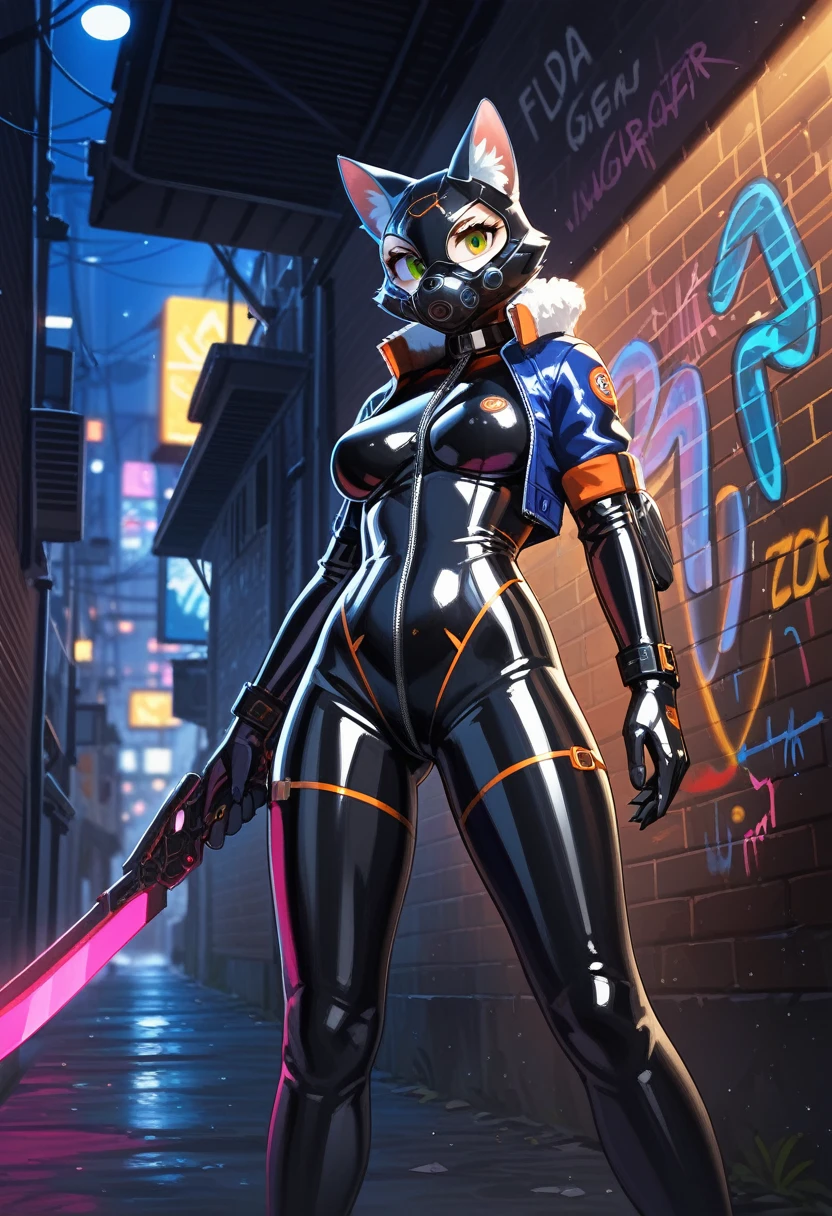 animation, Highest quality, Highest quality, High quality illustrations, masterpiece, Ultra-high resolution, Detailed Background, Alley, night, Graffiti art on the wall, Absurd, Perfect Anatomy, performance, Good lighting, Shadows in the movies(kemono, Furry PersonifiCation), Cat, woman, Black Skin, Rubber suit, latex, neon, neonライト, neonカラー, Bodysuits, Cyber Suit, Mech Suit, Rubber Half Jacket, cyber punk, Blade Runner, Holding a blade, Rubber Mask
