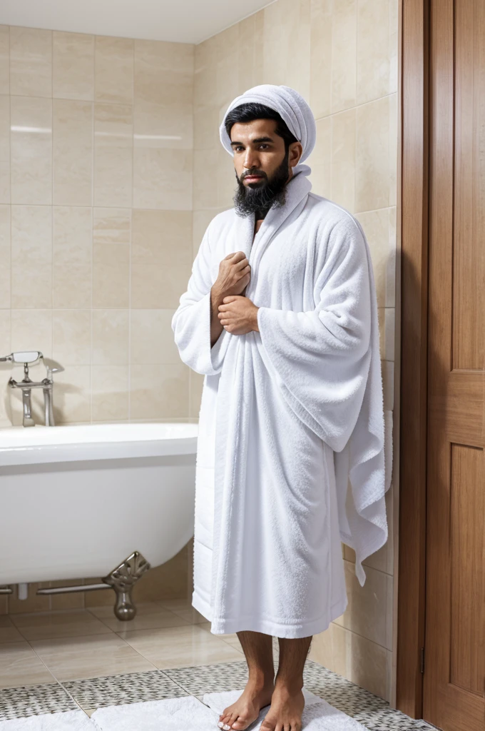 A Muslim standing in bathroom with wear bath towel to 