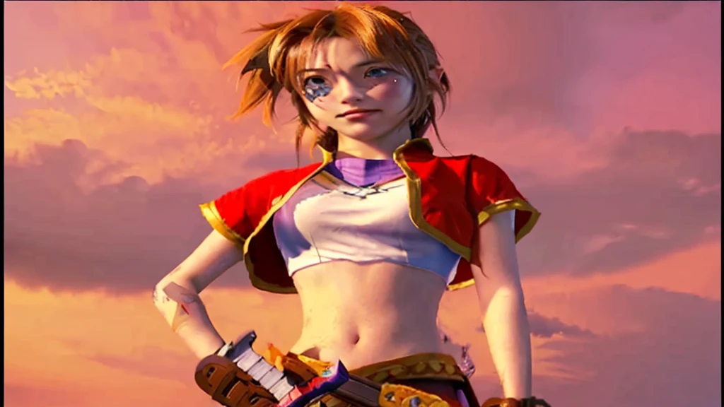 There is a cartoon picture of a woman holding a sword, Natalie in an epic battle fantasy, art style of dark cloud 2, Video Game Characters, Zelda, Female protagonist, Video game cutscenes, JRPG Characters, Ocarina of Time Movie, crono, sky, Final Fantasy Characters, Majora Mask, From Kingdom Hearts, Final Fantasy X, CGI Cutscene