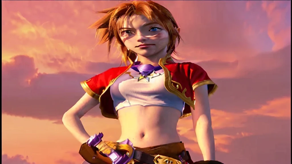 There is a cartoon picture of a woman holding a sword, Natalie in an epic battle fantasy, art style of dark cloud 2, Video Game Characters, Zelda, Female protagonist, Video game cutscenes, JRPG Characters, Ocarina of Time Movie, crono, sky, Final Fantasy Characters, Majora Mask, From Kingdom Hearts, Final Fantasy X, CGI Cutscene
