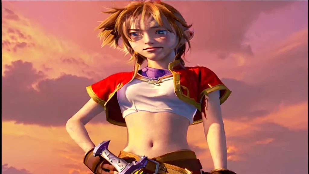 There is a cartoon picture of a woman holding a sword, Natalie in an epic battle fantasy, art style of dark cloud 2, Video Game Characters, Zelda, Female protagonist, Video game cutscenes, JRPG Characters, Ocarina of Time Movie, crono, sky, Final Fantasy Characters, Majora Mask, From Kingdom Hearts, Final Fantasy X, CGI Cutscene