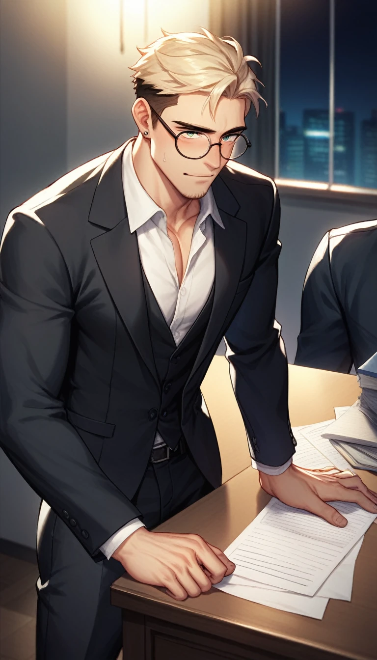 best quality, masterpiece, nude handsome man with medium length curtain hairstyle, skinny build, cute face, glasses, black suit, exposed torso, embarrassed expression, grabs his own breasts, bushy pubic hair, small flaccid uncut penis, excessive dripping precum, loose tie around his neck, sits on table in dimly lit luxurious office, at night, backlight, cinematic lighting, dramatic shadows