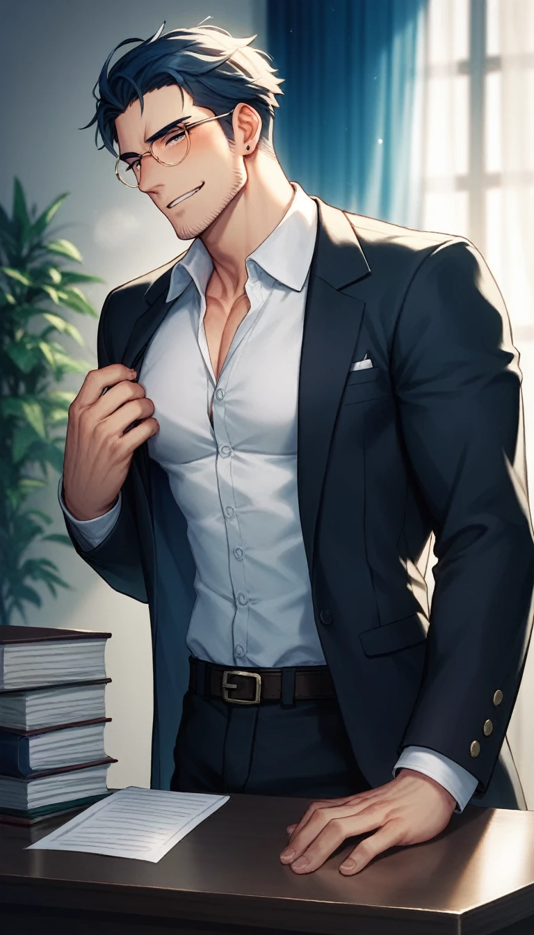 best quality, masterpiece, yaoi, 2boys, handsome young man with medium curtain bangs, cute round face, glasses, black suit, he bends over on a table, another older man rips his pants open and exposing his big round ass, in dimly lit luxurious office, at night, cinematic lighting, dramatic shadows