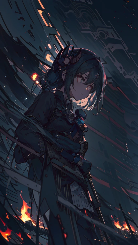 Anime girl with guitar and microphone in front of a crowd, Nightcore, Satanic atmosphere, Burning, Rorish, Gap Moe Yandere Grimdark, emo anime girl, Gothic Maiden Anime Girl, everyone, Goscoax, Art for Dark Metal Music, Inspired by Len Bonian, Anime girl in a black dress, Anime Wallpaper, Girls Frontline CG