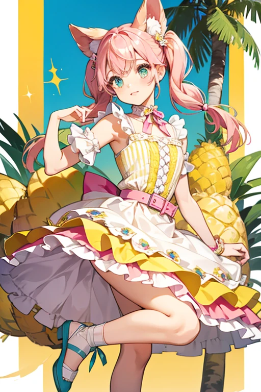Piña has a light tan complexion with pale pink cheeks and Mexican pink, low braided pigtails worn with the top half of a pineapple.

Her dress is yellow and composed of several pineapple slices. At the neck is a tiny light green bow to match the belt beneath her chest. Her flats are hot pink with the toe covered and a ribbon is tied at the ankle SPARKLE; GLITTER
