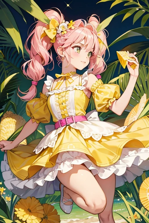 Piña has a light tan complexion with pale pink cheeks and Mexican pink, low braided pigtails worn with the top half of a pineapple.
Her dress is yellow and composed of several pineapple slices. At the neck is a tiny light green bow to match the belt beneath her chest. Her flats are hot pink with the toe covered and a ribbon is tied at the ankle SPARKLE; GLITTER