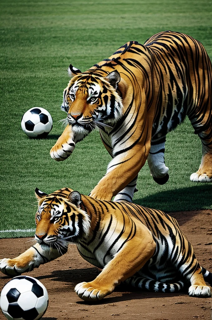 A tiger playing soccer