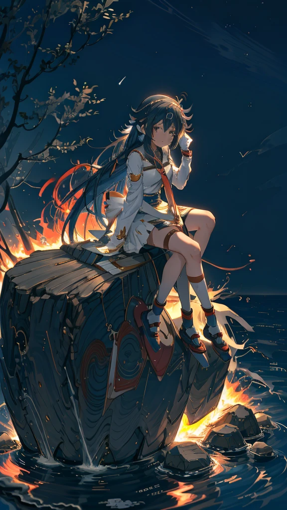 anime girl With headphones sitting on a rock, Burning, With headphones, Nightcore, (anime girl), Another Iwakura, Photo of a-1, Kantai Collection Style, anime moe artstyle, With headphones, inspired Burning, anime girl, anime!!!!!!!!!!!!!!!, anime girl with long hair, an anime girl
